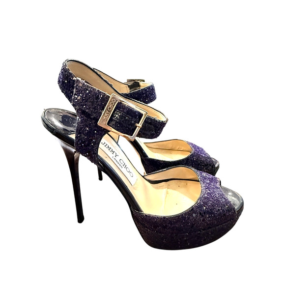 Jimmy Choo 6.5 Coarse Glitter Platform Sandals Stiletto Linda Heels Purple 36.5 - Picture 7 of 10